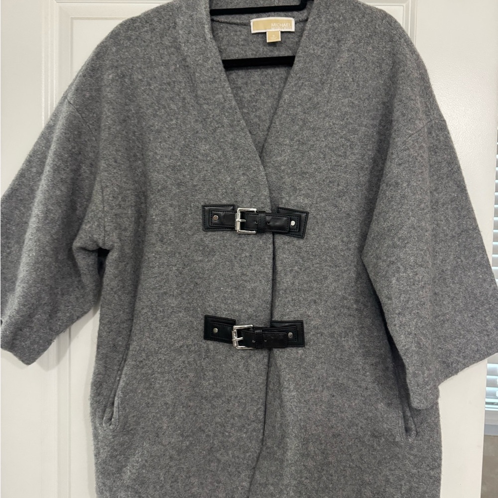 Michael Kors Gray  Poncho with Black Buckle leather Accents
